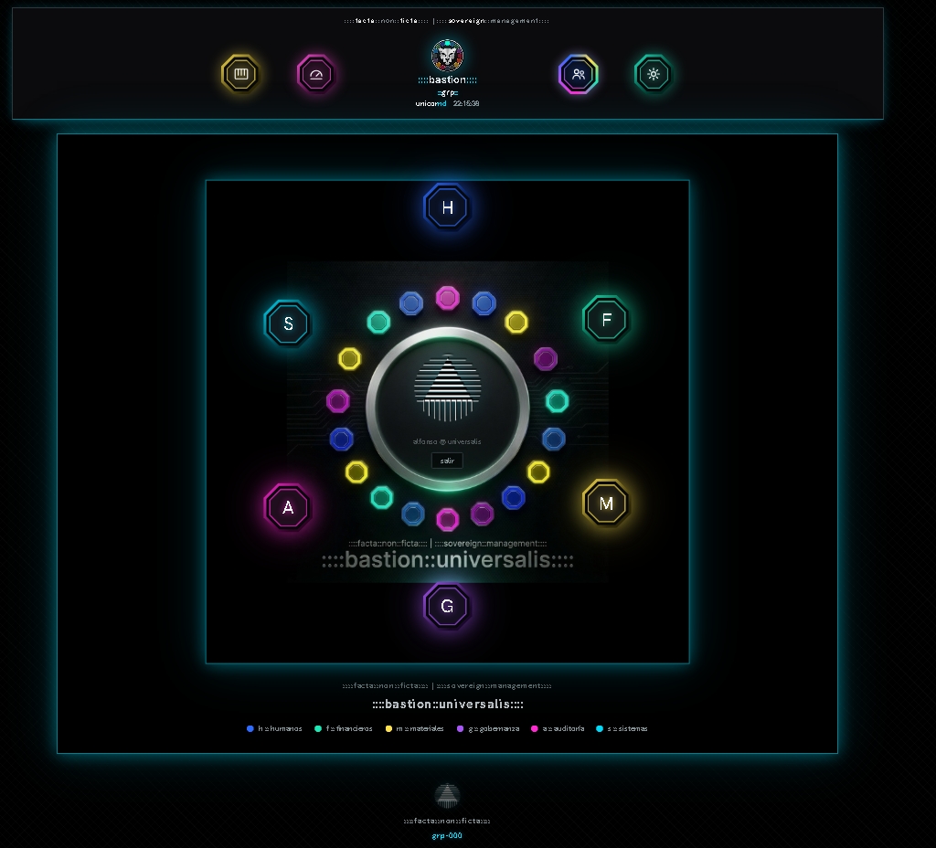 bastion universalis institutional interface with illuminated hexagonal modules and central sovereign management emblem
