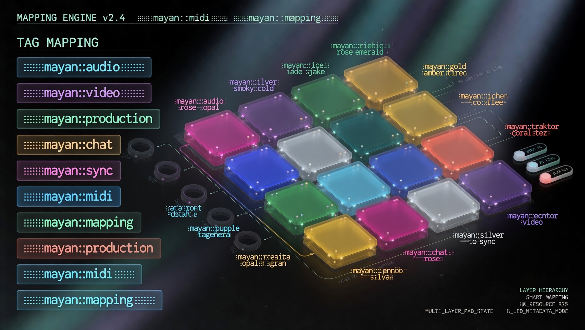 Motor de mapeo: tags mayan audio, video, production, chat, sync, MIDI y mapping sobre 16 pads