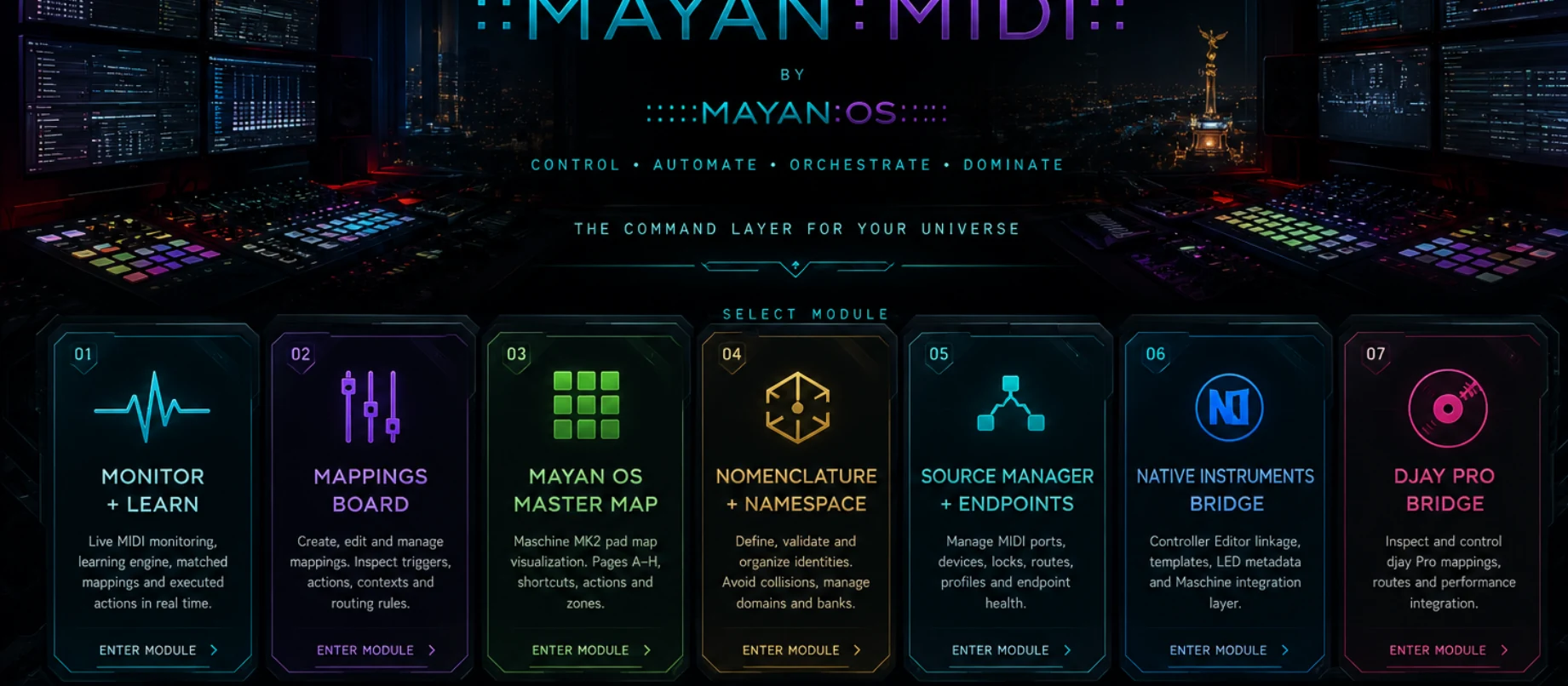Visual del proyecto: capa de comandos Mayan MIDI con monitor, mapeos, nomenclatura, fuentes y puentes a aplicaciones