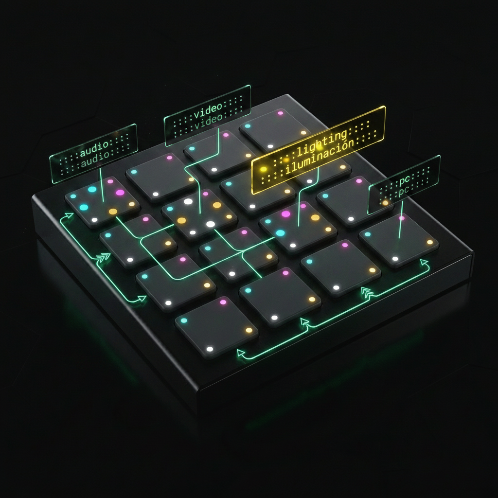 Rejilla de 16 pads que enruta el gesto a audio, video, iluminación y PC