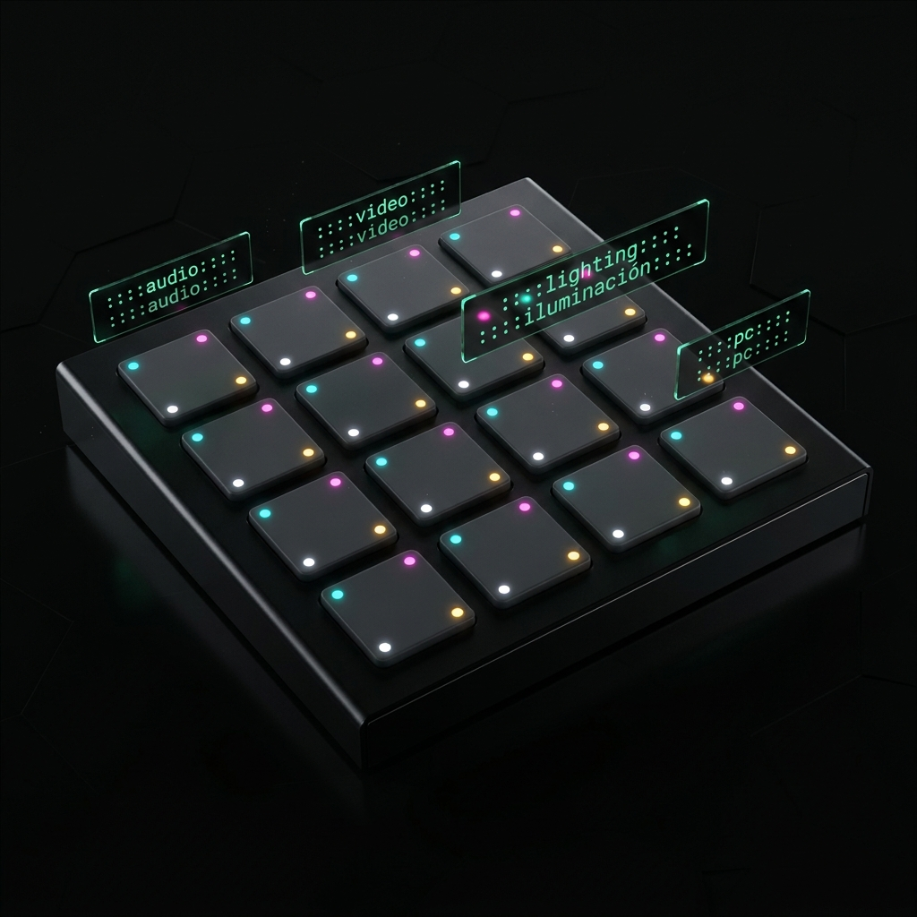 Rejilla de 16 pads con etiquetas holográficas de audio, video, iluminación y PC